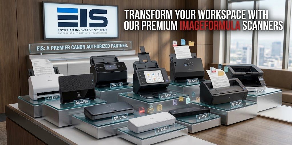 Transform your workspace with premium Canon imageFORMULA scanners — EIS, a premier Canon Authorized Partner. Lineup including DR-S150, DR-C150, DR-C240, DR-S150D and P-215II.