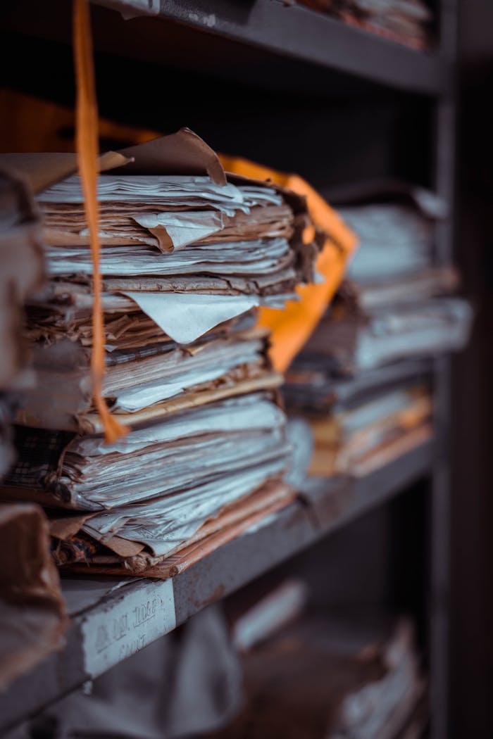 Stacks of old documents and papers piled on dusty shelves, creating an organized yet chaotic scene.